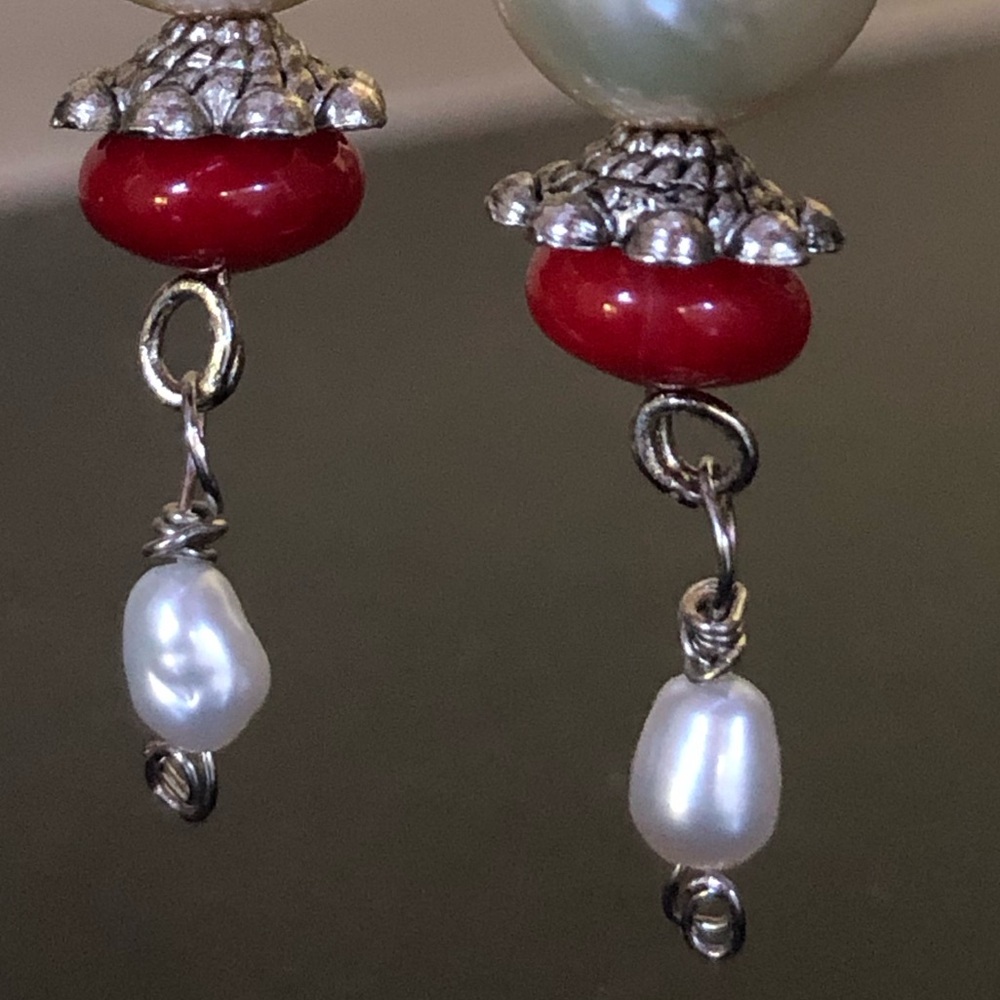 Handcrafted Genuine Silver Coin Pearl & Red Coral Bead Drop w/ Dangles Earrings - Picture 7 of 15
